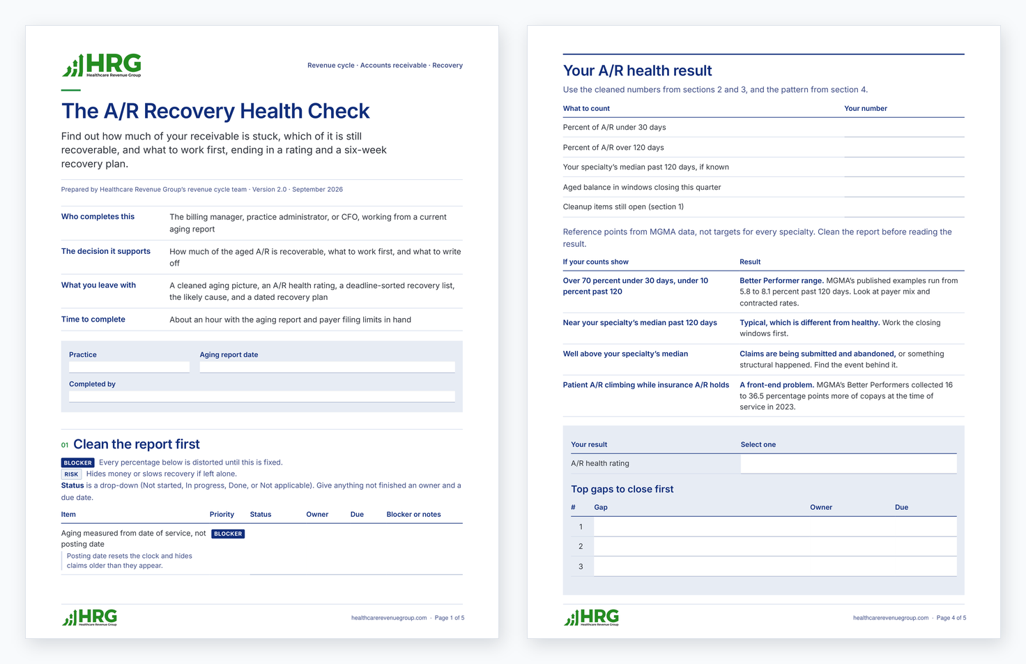 Preview of the A/R Recovery Health Check, showing the first page and the A/R health result page