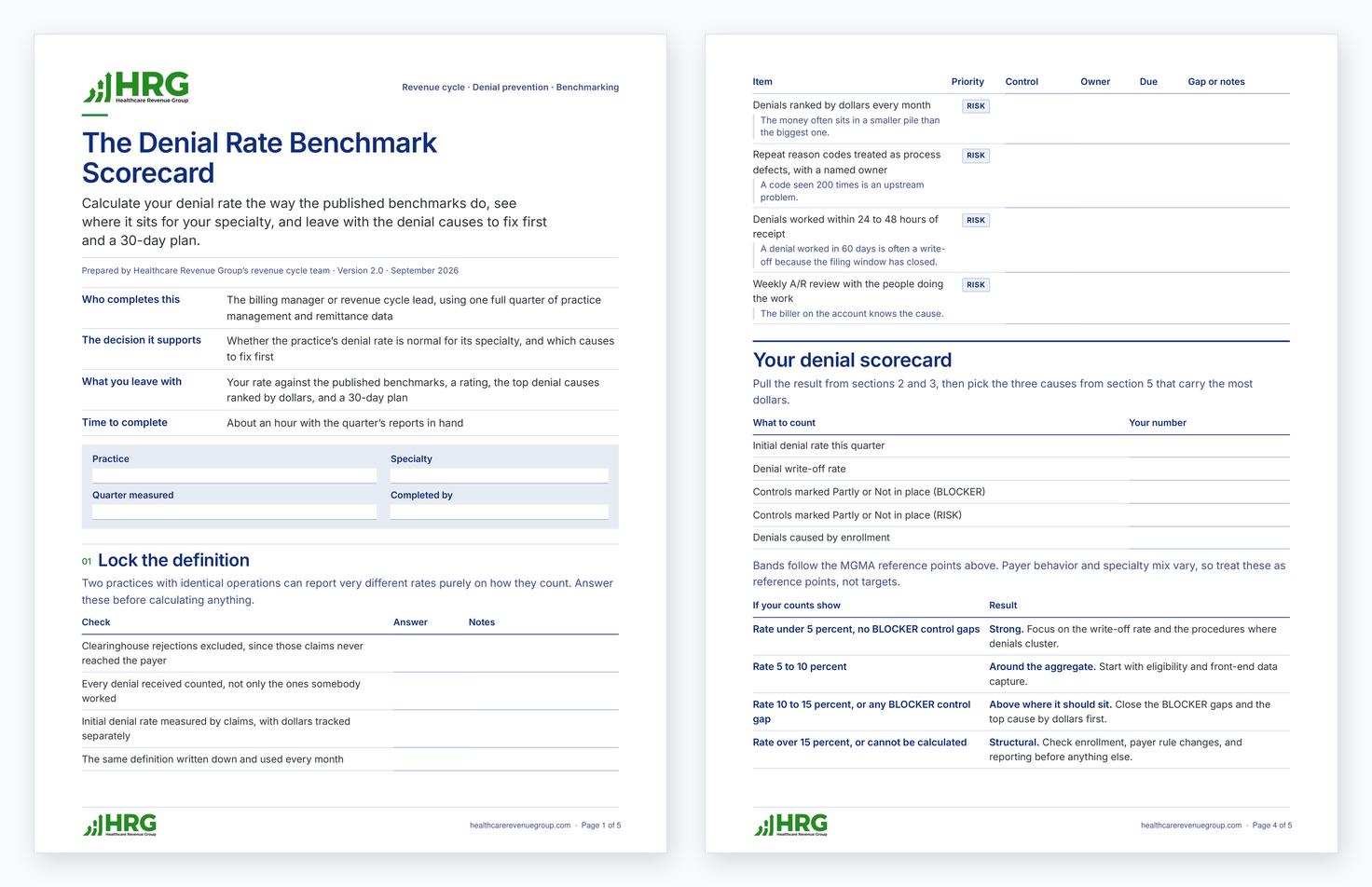 Preview of the Denial Rate Benchmark Scorecard, showing the first page and the scorecard result page