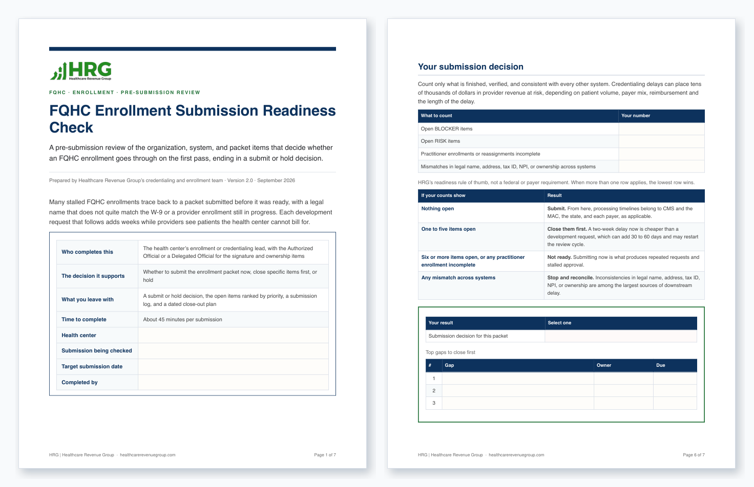 Preview of the FQHC Enrollment Submission Readiness Check, showing the first page and the submission decision page