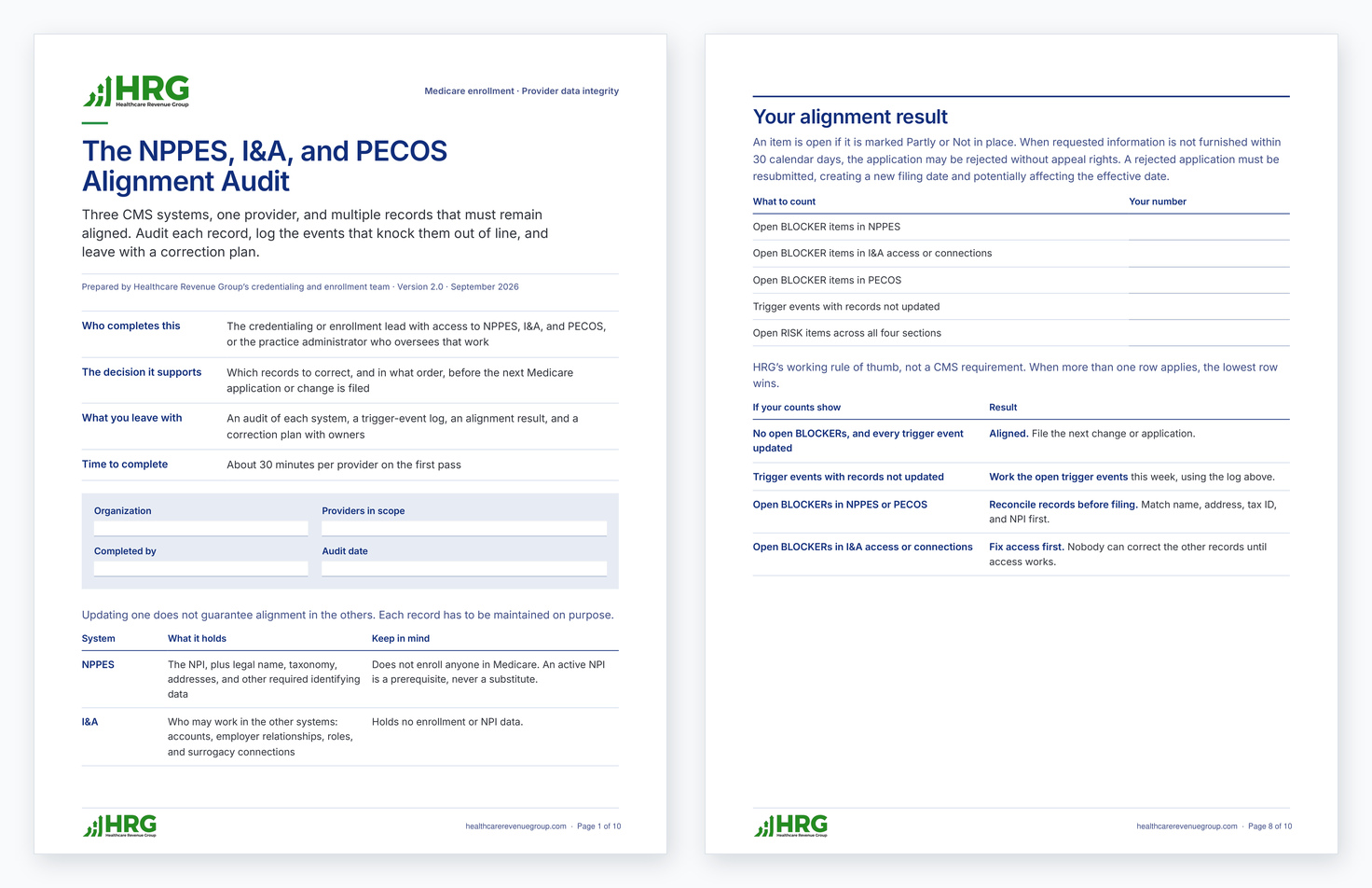 Preview of the NPPES, I&A, and PECOS Alignment Audit, showing the first page and the alignment result page