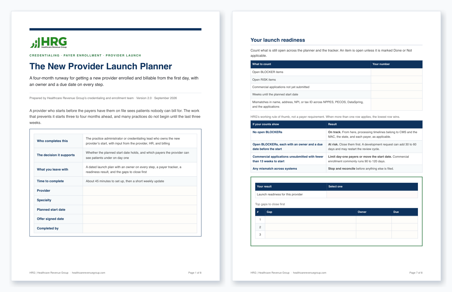 Preview of the New Provider Launch Planner, showing the first page and the launch readiness page