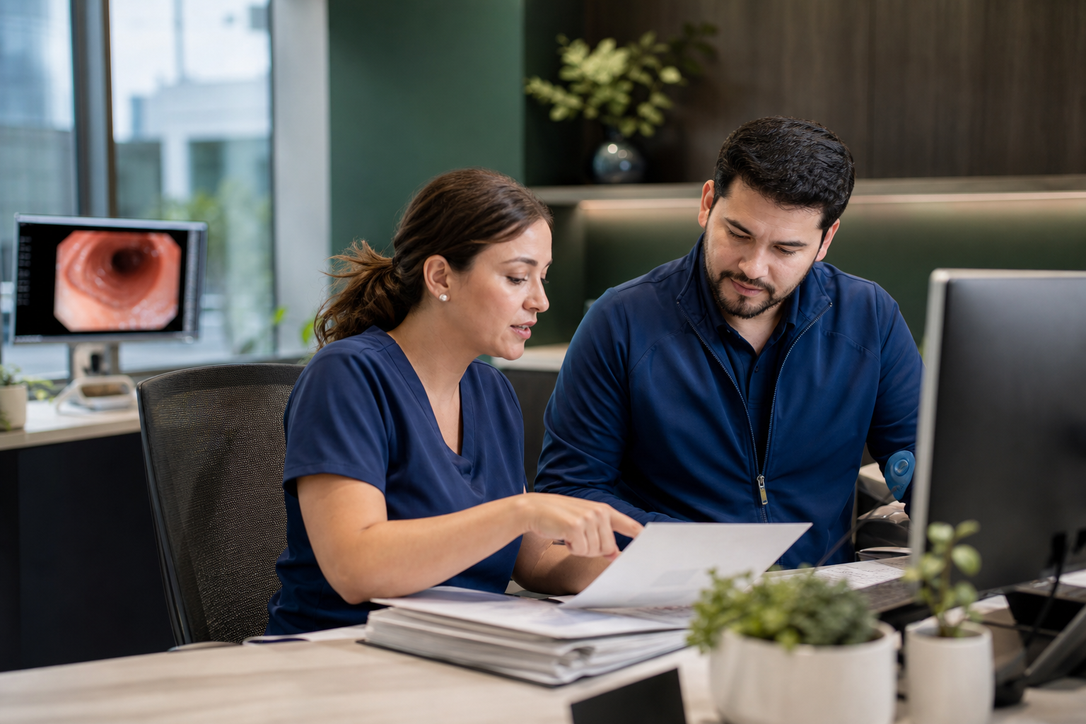 Two US-based billing specialists reviewing gastroenterology claims in a modern GI office