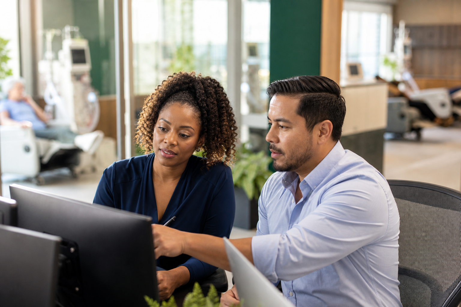 Two US-based billing specialists reviewing nephrology claims in a modern practice office